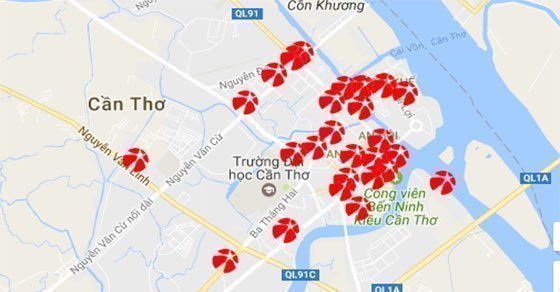 Một số điểm bán Mega 6/45 được đánh dấu trên bản đò quận Ninh Kiều