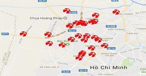 Một số điểm bán Mega 6/45 được đánh dấu trên bản đồ huyện Hóc Môn