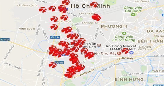 Một số điểm bán Mega 6/45 được đánh dấu trên bản đồ quận Bình Tân