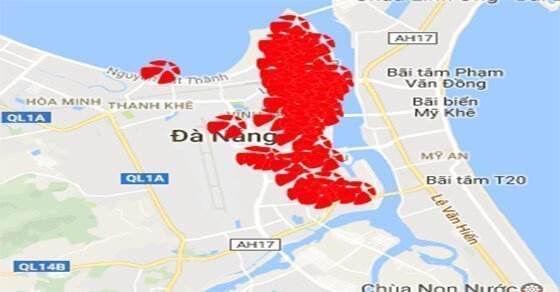 Các điểm bán Mega 6/45 được đánh dấu trên bản đồ quận Hải Châu