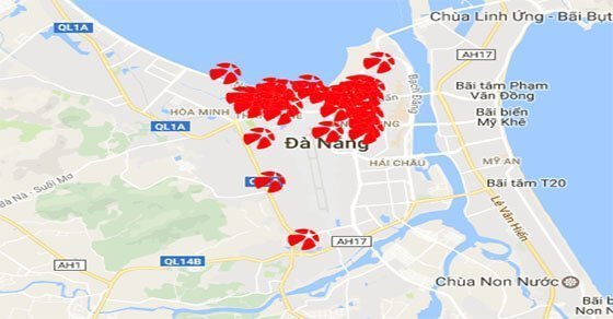 Một số điểm bán Mega 6/45 được đánh dấu trên bản đồ quận Thanh Khê