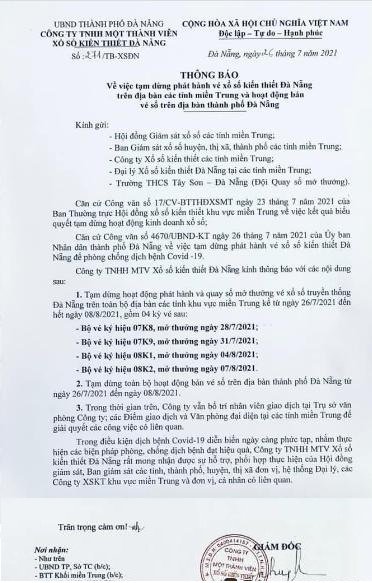 Công văn XSKT Đà Nẵng tạm dưng hoạt động xổ số từ 26/7/2021
