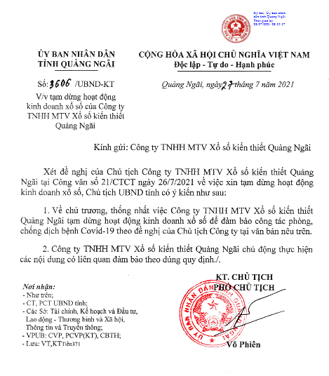 Công văn tạm dừng hoạt động kinh doanh xổ số Quảng Ngãi từ 27/7/2021